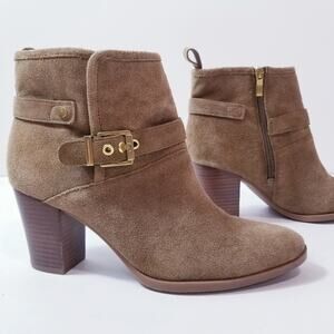 Franco Sarto Dorinda Leather Upper Suede Cognac Ankle Boots Chunky Heels